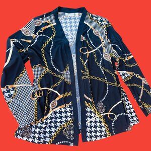Susan Graver Women's Jacket size XL black gold Top w. stretch, long sleeve shirt